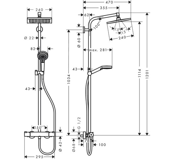 Душевая система HANSGROHE Crometta Е 240 1jet Showerpipe 27271000 со смесителем термостат