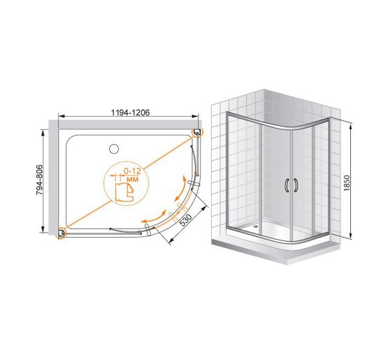 Душевой угол Cezares Pratico RH-2-120/80-P 1200x800 текстур.стекло 