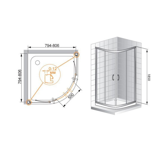 Душевой угол Cezares Pratico R-2-80-P 800x800 текстур.стекло 