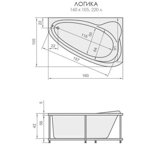 Акриловая ванна Aquatika Logika Standart 160x105 R без гидромассажа