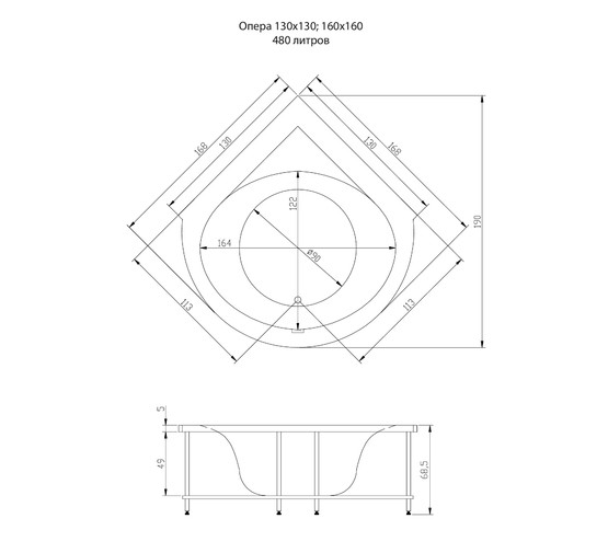 Акриловая ванна Aquatika Opera Standart 168x168 без гидромассажа