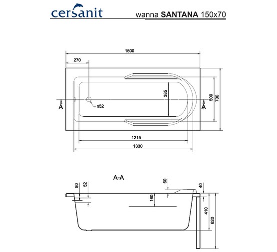 Акриловая ванна Cersanit Santana 150*70