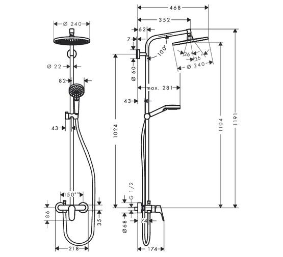 Душевая система HANSGROHE Crometta S 240 1jet Showerpipe Ecosmart 27269000