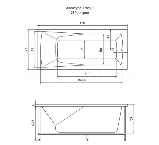 Акриловая ванна Aquatika Aventura Basic 170x75 с гидромассажем