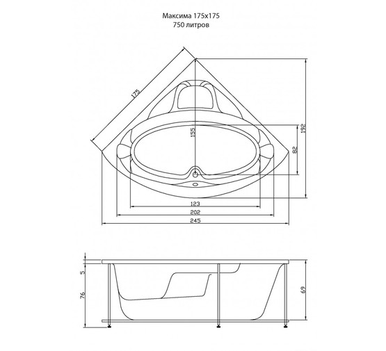 Акриловая ванна Aquatika Maxima Basic 175x175 с гидромассажем