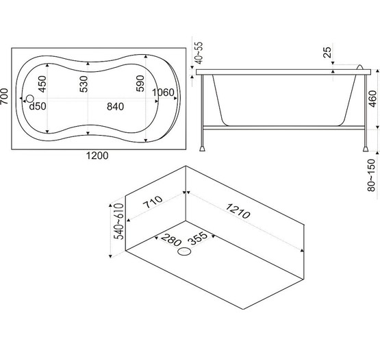 Акриловая ванна BAS Кэмерон Flat 120x70 с гидромассажем