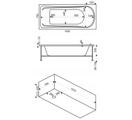 Акриловая ванна BAS Ибица Flat 150x70 с гидромассажем