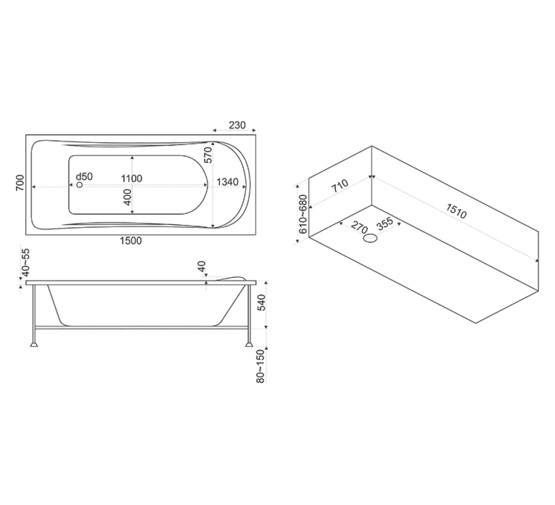 Акриловая ванна BAS Верона Flat 150x70  с гидромассажем