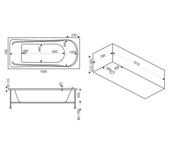 Акриловая ванна BAS Бриз Flat 150x75  с гидромассажем