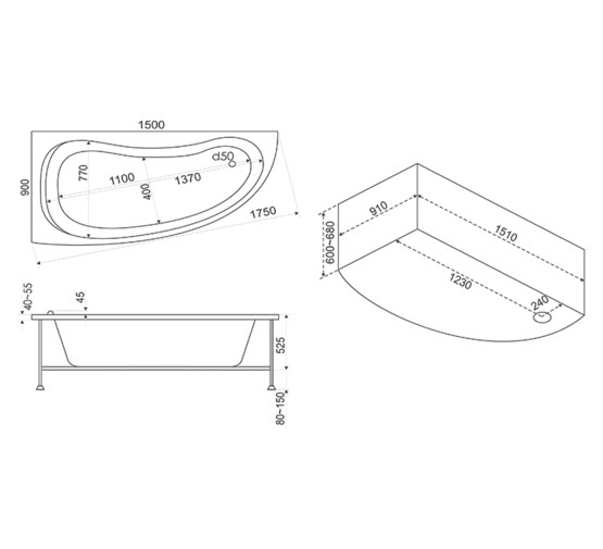 Акриловая ванна BAS Алегра Flat 150x90 R с гидромассажем