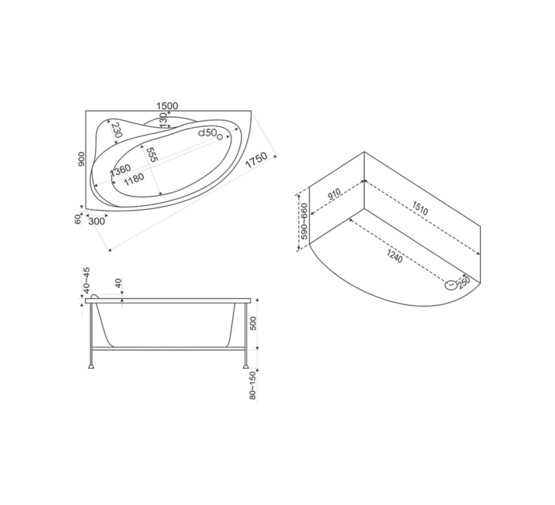 Акриловая ванна BAS Вектра Flat 150x90 L с гидромассажем