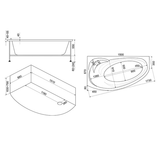 Акриловая ванна BAS Фэнтази Flat 150x88 L с гидромассажем