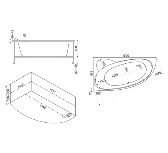 Акриловая ванна BAS Сагра Flat 160x100 L с гидромассажем