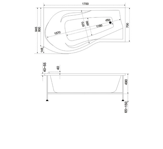 Акриловая ванна BAS Капри Flat 170x95 L с гидромассажем