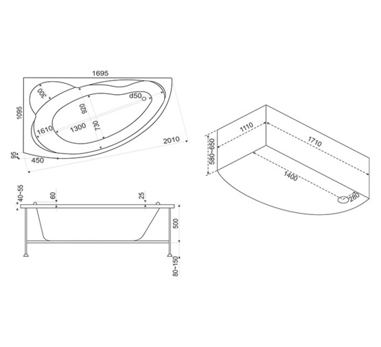 Акриловая ванна BAS Лагуна Flat 170x110 L с гидромассажем