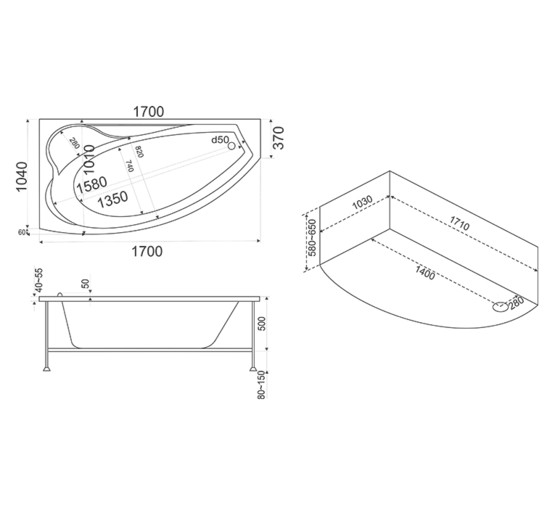 Акриловая ванна BAS Николь Flat 170x105 L с гидромассажем