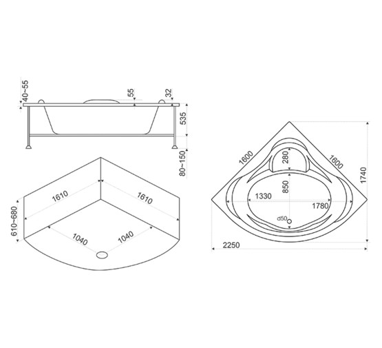 Акриловая ванна BAS Мега Flat 160x160 с гидромассажем