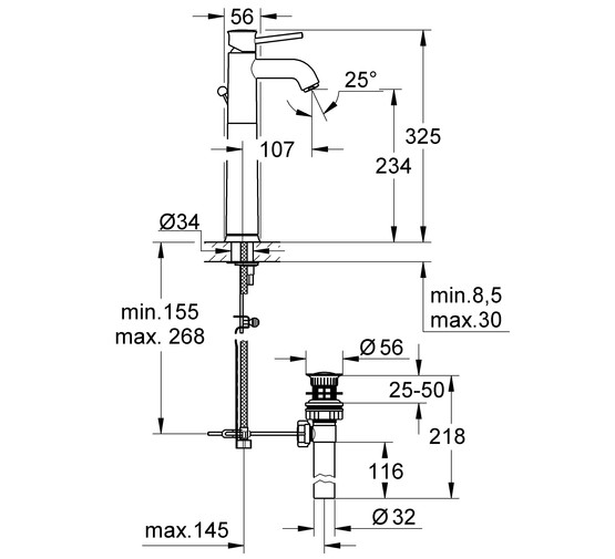 Смеситель для раковины Grohe BauClassic 32868000 с донным клапаном