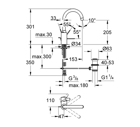 Смеситель для раковины Grohe Eurosmart Cosmopolitan 32830000  с высоким изливом и донным клапаном