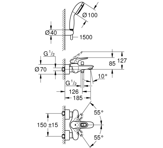 Смеситель для ванны GROHE Eurostyle 2015 33592003 с душевым гарнитуром