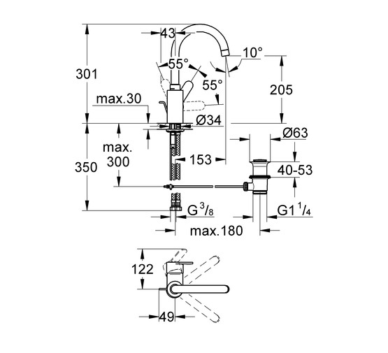 Смеситель для раковины Grohe Eurostyle Cosmopolitan 23043002 с высоким изливом и донным клапаном