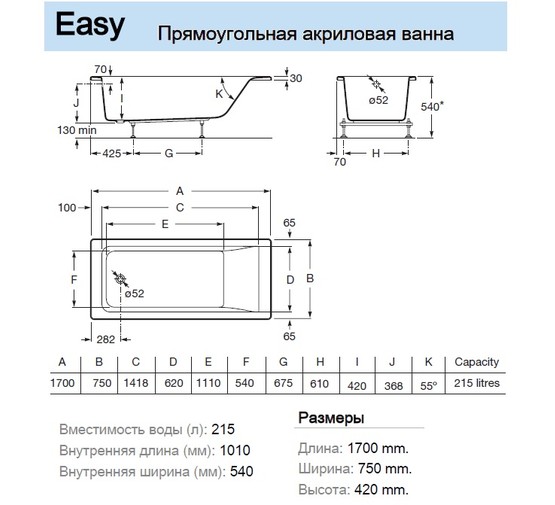 Акриловая ванна Roca EASY 170x75