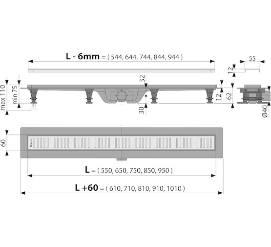 Водоотводящий желоб Alcaplast Simple APZ10 550 с решеткой 