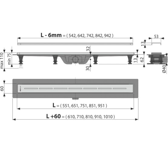 Водоотводящий желоб Alcaplast Simple APZ18 550 порог нерж. сталь с решеткой 