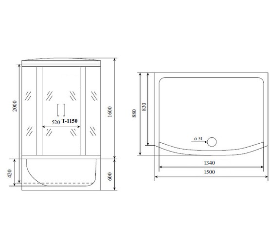 Душевая кабина Timo Standart T-1150 1500x880 хром матовый, тониров.стекло 