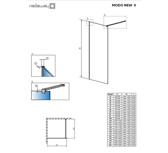 Душевая перегородка Radaway Modo II New 85 850x2000 хром, прозр.стекло