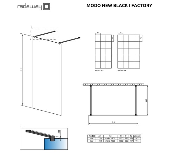 Душевая перегородка Radaway Modo I New Black Factory 130 1300x2000 черный, прозр.стекло