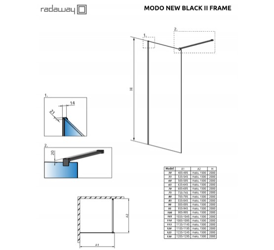 Душевая перегородка Radaway Modo II New Black Frame 50 500x2000 черный, прозр.стекло