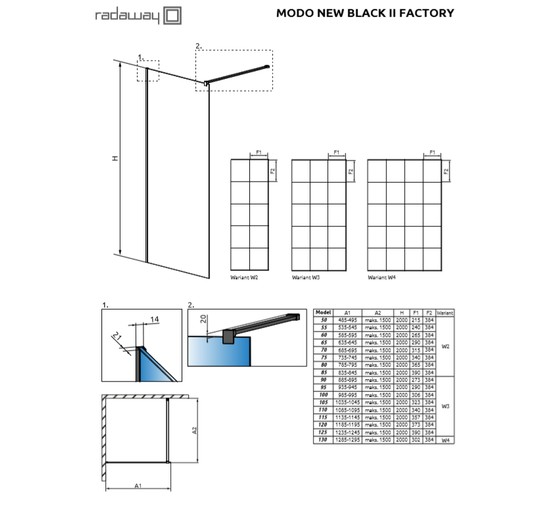 Душевая перегородка Radaway Modo II New Black Factory 50 500x2000 черный, прозр.стекло