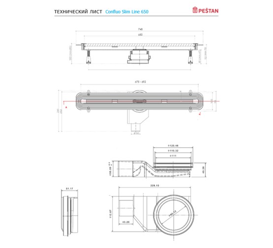 Водоотводящий желоб Pestan Confluo Slim Line 650 с решеткой 