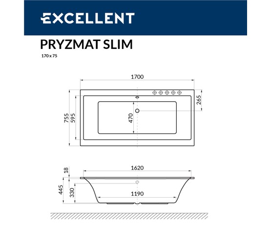 Акриловая ванна Excellent Pryzmat Slim 170x75