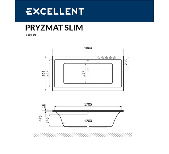 Акриловая ванна Excellent Pryzmat Slim 180x80