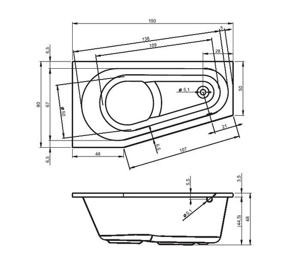 Акриловая ванна Riho Delta 150x80 R