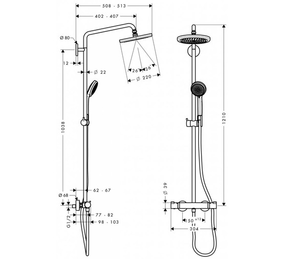 Душевая система HANSGROHE Croma 220 Showerpipe EcoSmart 27188000 термостат