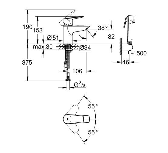 Смеситель для раковины Grohe BauEdge New 23757001 с гигиеническим душем хром