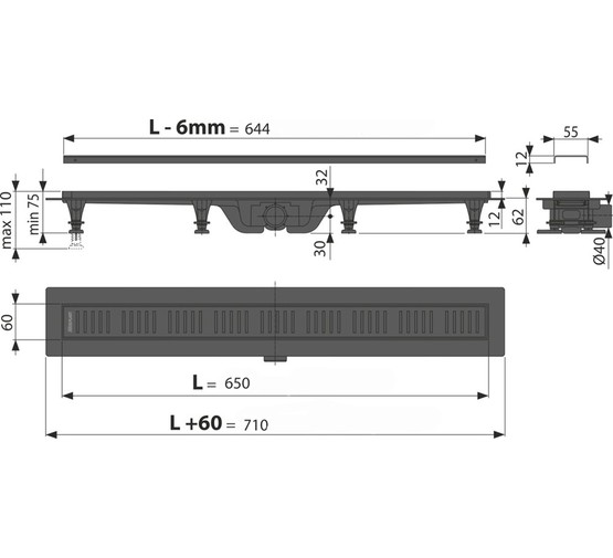 Водоотводящий желоб Alcaplast Simple APZ10Black 650 с решеткой черный матовый