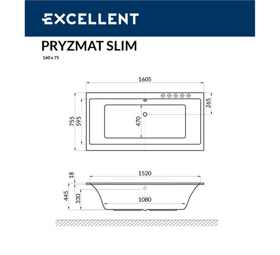 Акриловая ванна Excellent Pryzmat Slim 160x75