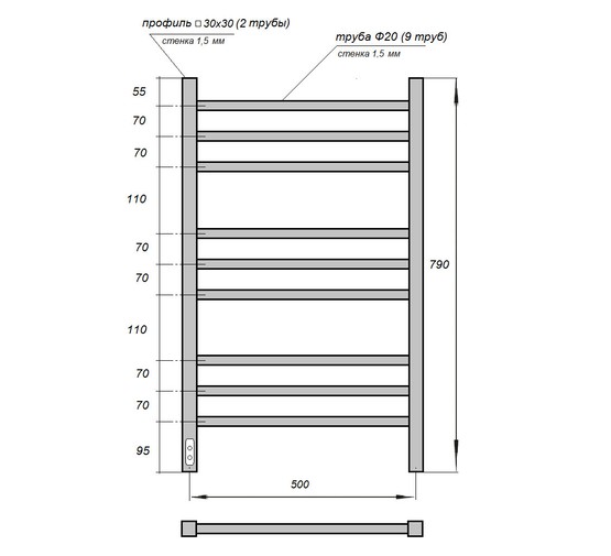 Полотенцесушитель электрический Point Веста П9 500x800, диммер слева, белый