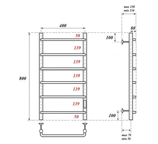 Полотенцесушитель электрический Point Ника П6 400x800, диммер справа, черный