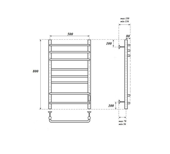 Полотенцесушитель электрический Point Сатурн П8 500x800, диммер справа, черный