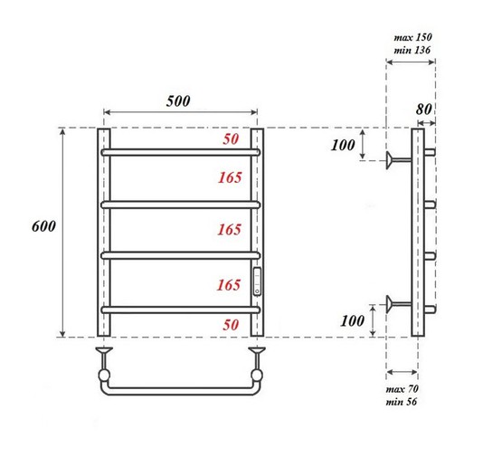 Полотенцесушитель электрический Point Ника П4 500x600, диммер справа, хром