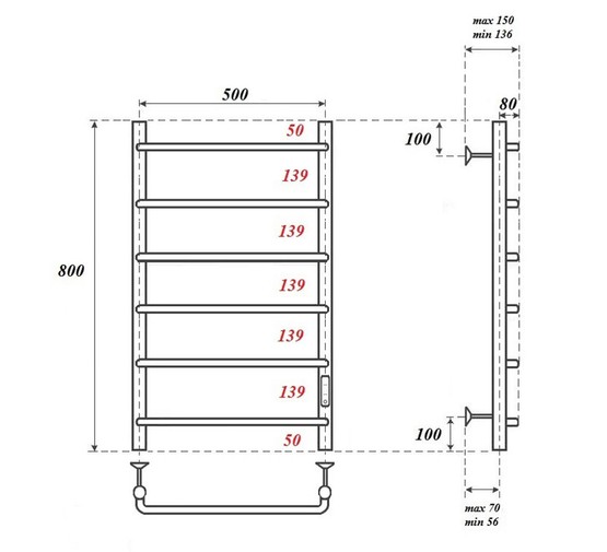 Полотенцесушитель электрический Point Ника П4 500x800, диммер справа, хром