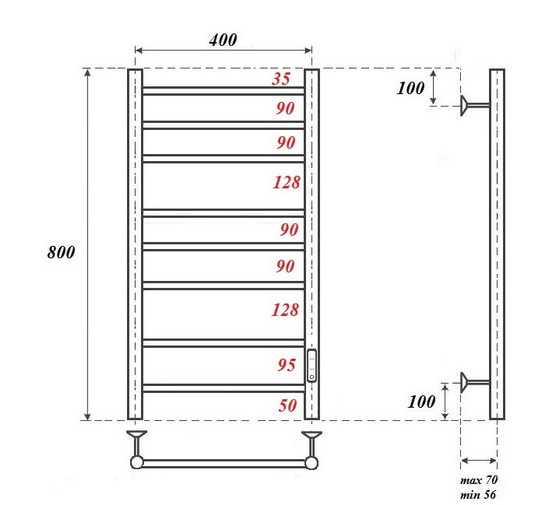 Полотенцесушитель электрический Point Аврора П8 400x800, диммер справа, хром