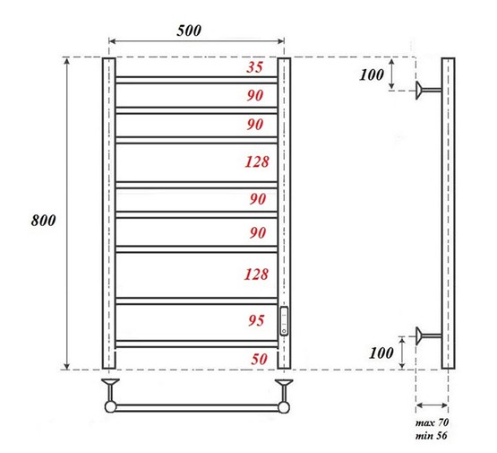 Полотенцесушитель электрический Point Аврора П8 500x800, диммер справа, хром