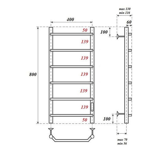 Полотенцесушитель электрический Point Виктория П6 400x800, диммер справа, хром