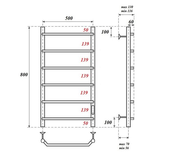 Полотенцесушитель электрический Point Виктория П6 500x800, диммер справа, хром